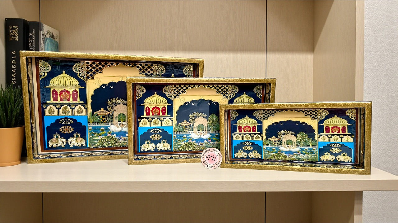 wooden rajasthani design tray , set of 3 trays for home/ office/ gift item